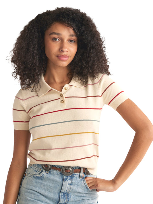 Short Sleeve Polo Sweater - Ivory Stripe