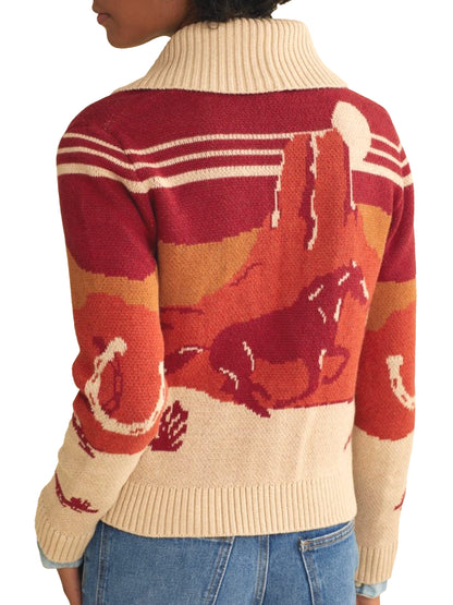 Western Scenic Cardigan - Red & Sand