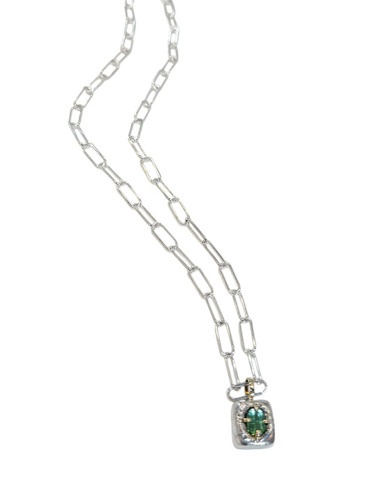 Chunky Green Tourmaline Pendant Necklace with Sterling Paper Clip Chain