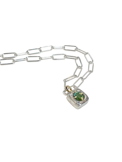 Chunky Green Tourmaline Pendant Necklace with Sterling Paper Clip Chain