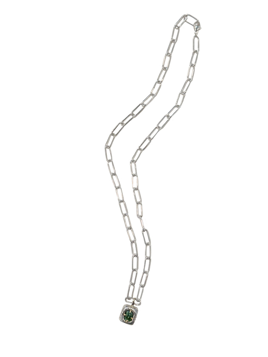 Chunky Green Tourmaline Pendant Necklace with Sterling Paper Clip Chain