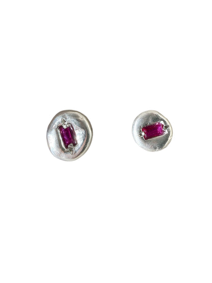 Sterling Silver Blob Stud Earrings - Pink Sapphire