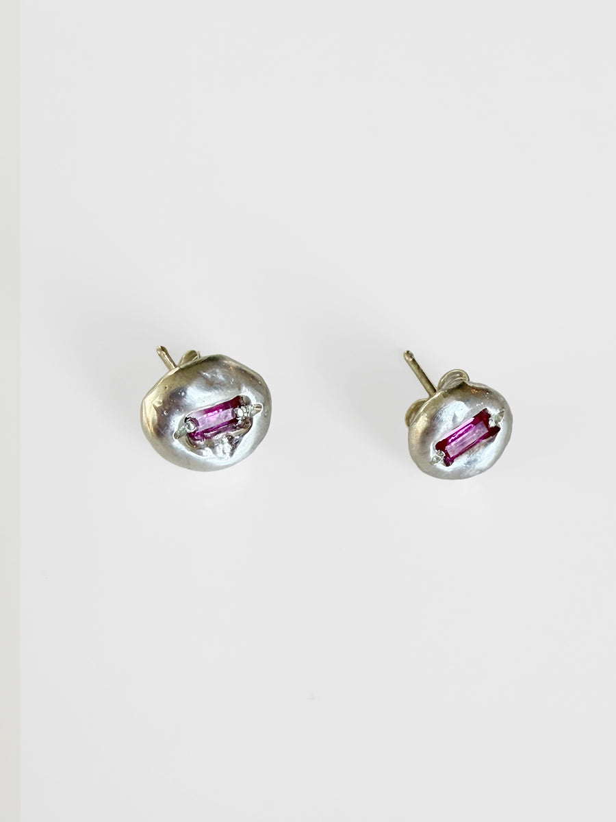 Sterling Silver Blob Stud Earrings - Pink Sapphire