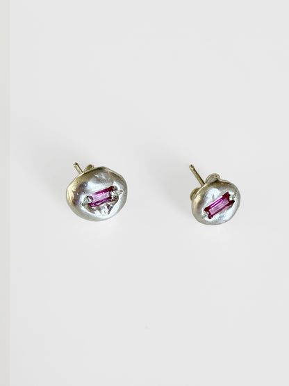 Sterling Silver Blob Stud Earrings - Pink Sapphire