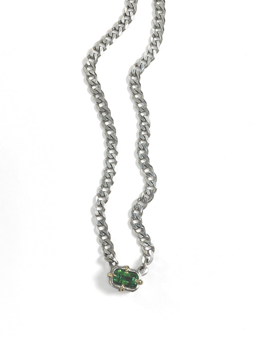 Green Tourmaline with 14k Gold Prongs - Sterling Silver Curb Chain
