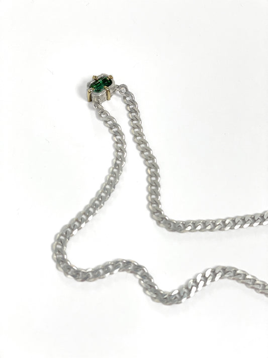 Green Tourmaline with 14k Gold Prongs - Sterling Silver Curb Chain