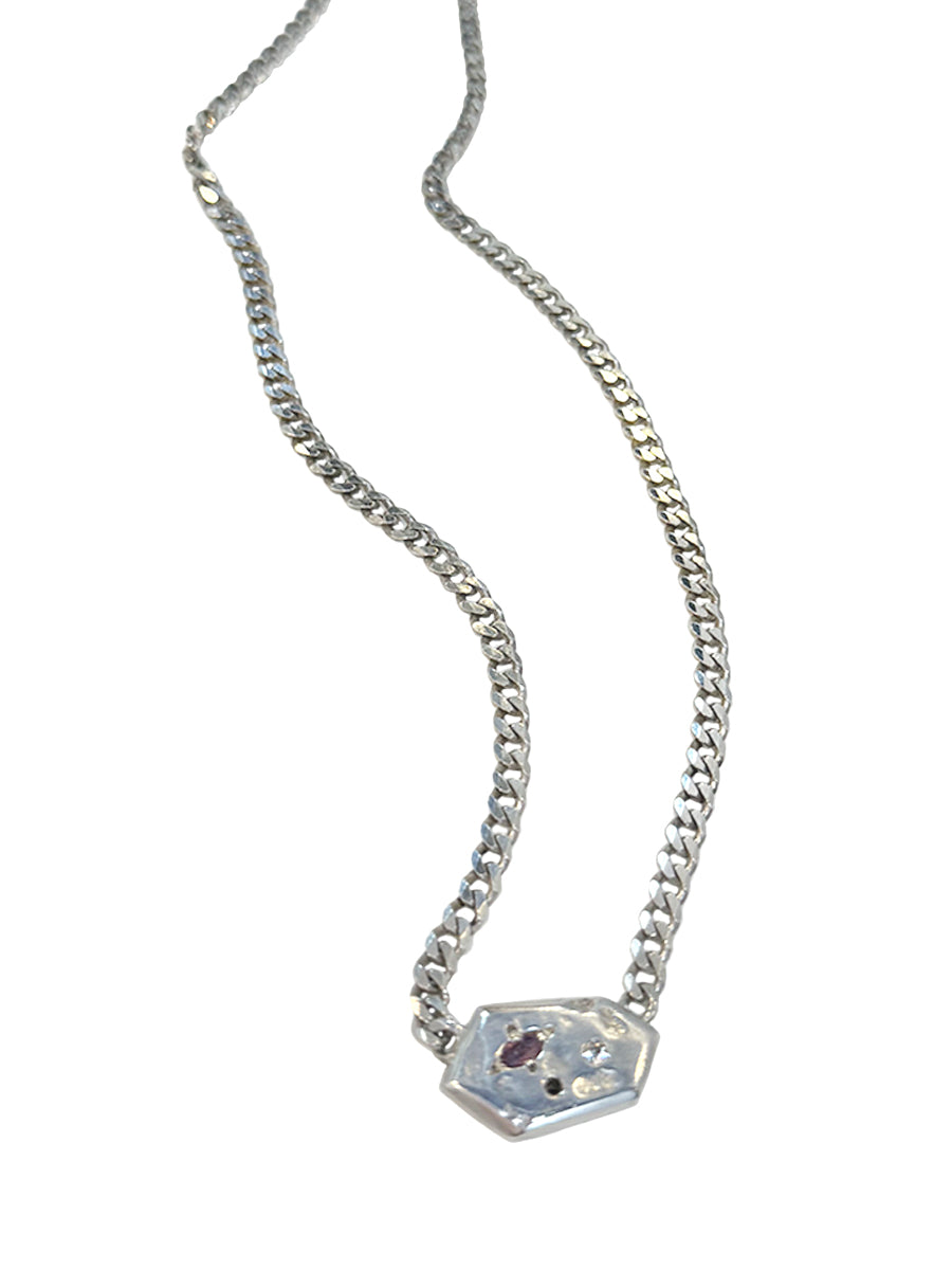 Molten Geometric Pendant Curb Chain Necklace with Sapphire & Black Spinel