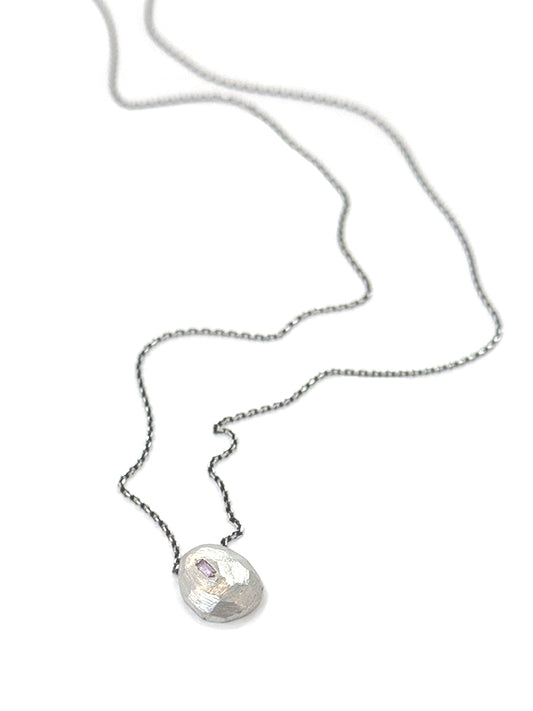 Sterling Silver Faceted Pebble Pendant Necklace with Pink Sapphire