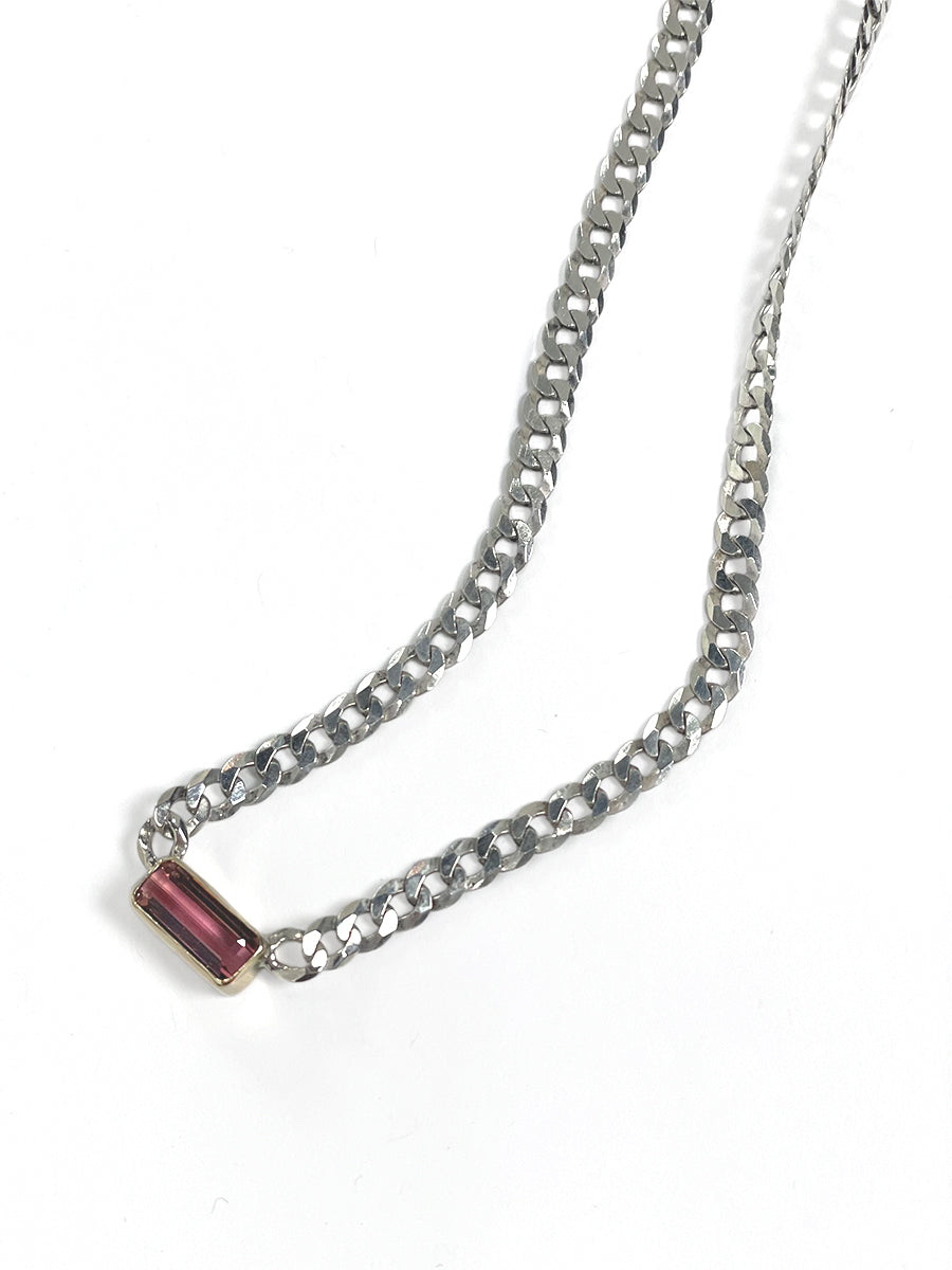 Pink Tourmaline with 14k Gold Bezel Setting - Sterling Silver Curb Chain
