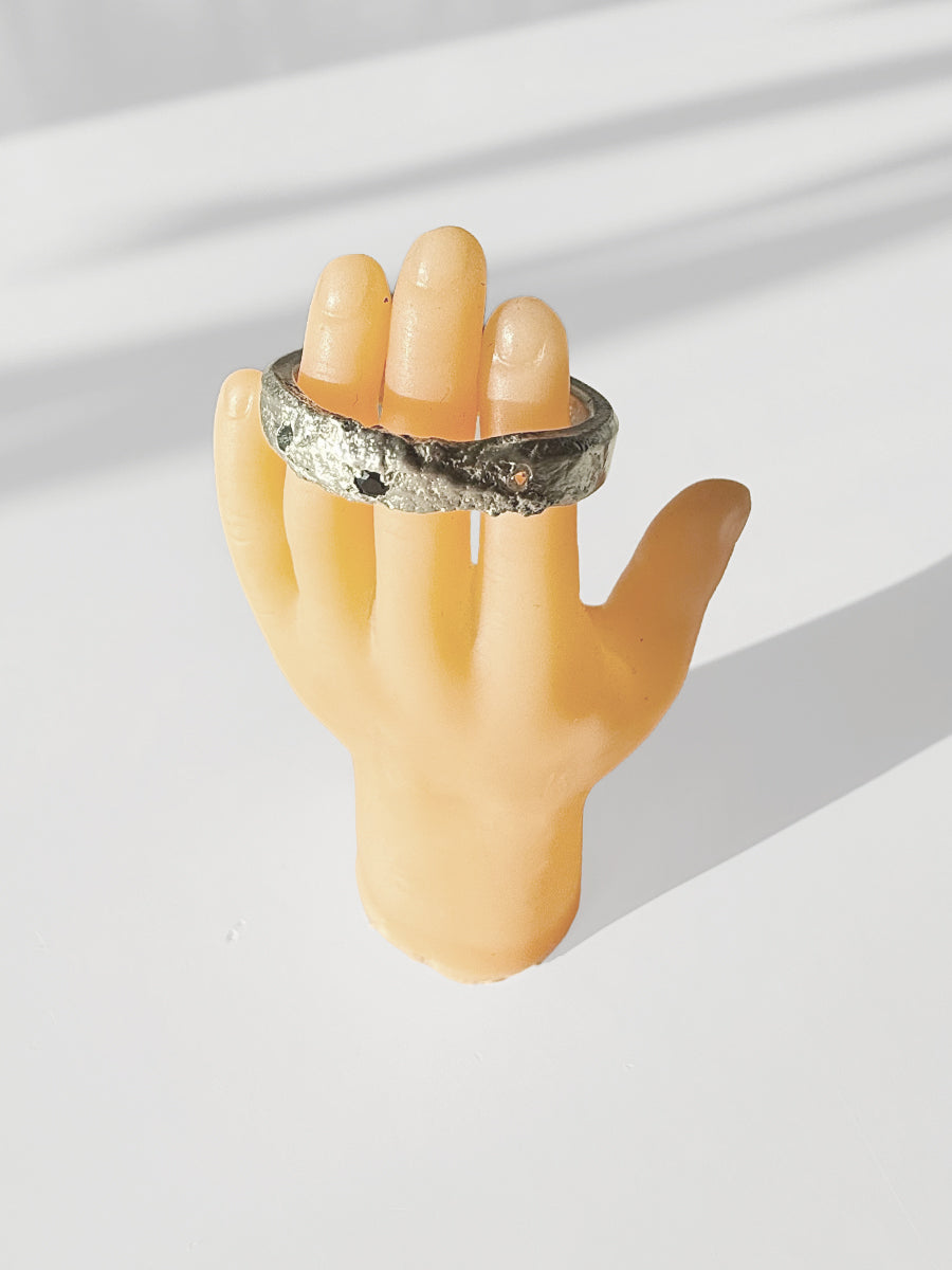 Molten Silver Ring with Black Spinel, White Sapphire, & Green Tourmaline