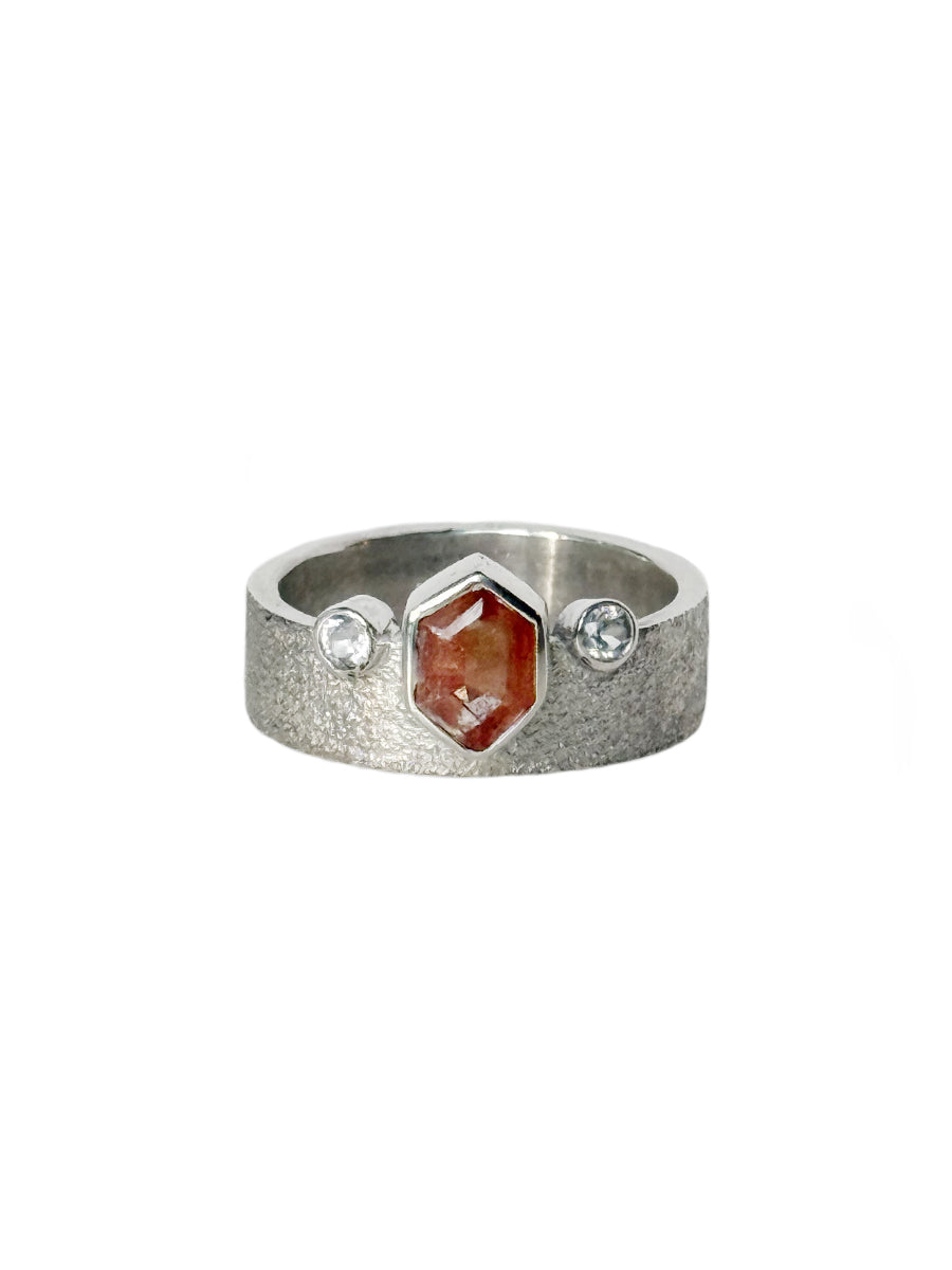 Silver Crown Ring with Oregon Sunstone & White Sapphire