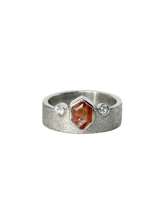 Silver Crown Ring with Oregon Sunstone & White Sapphire