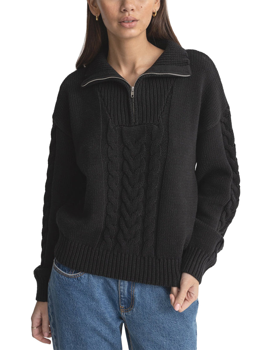 Cabled Vintage Zip Knit - Black