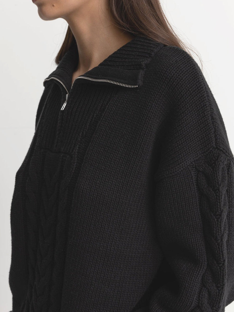 Cabled Vintage Zip Knit - Black