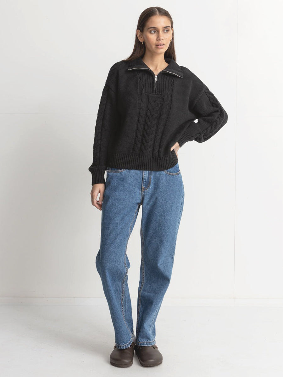 Cabled Vintage Zip Knit - Black