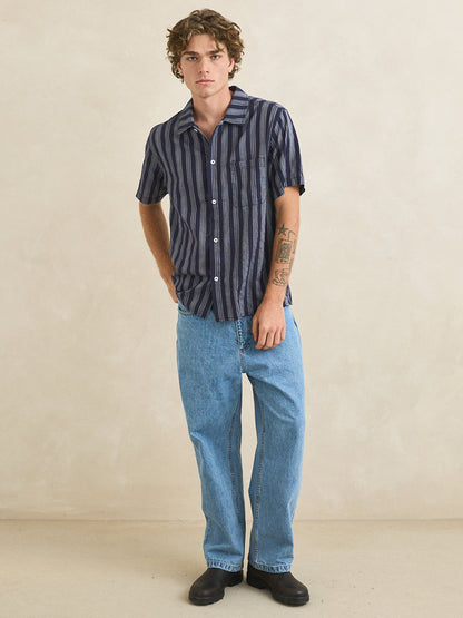 Harbor Stripe Short Sleeve Shirt - Navy