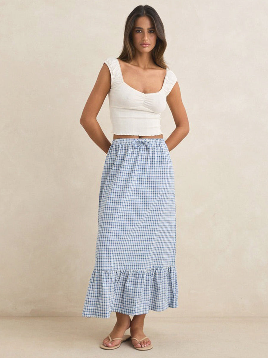 Lola Check Tiered Maxi Skirt - Blue