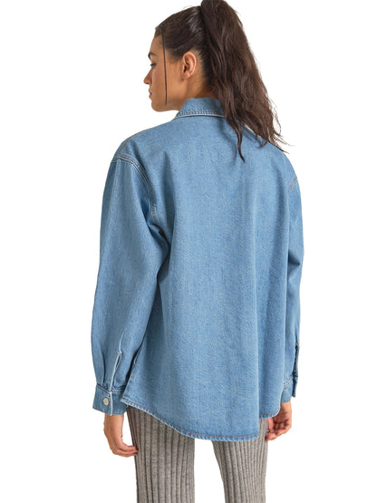 Oversized Denim Shirt Jacket - Washed Blue