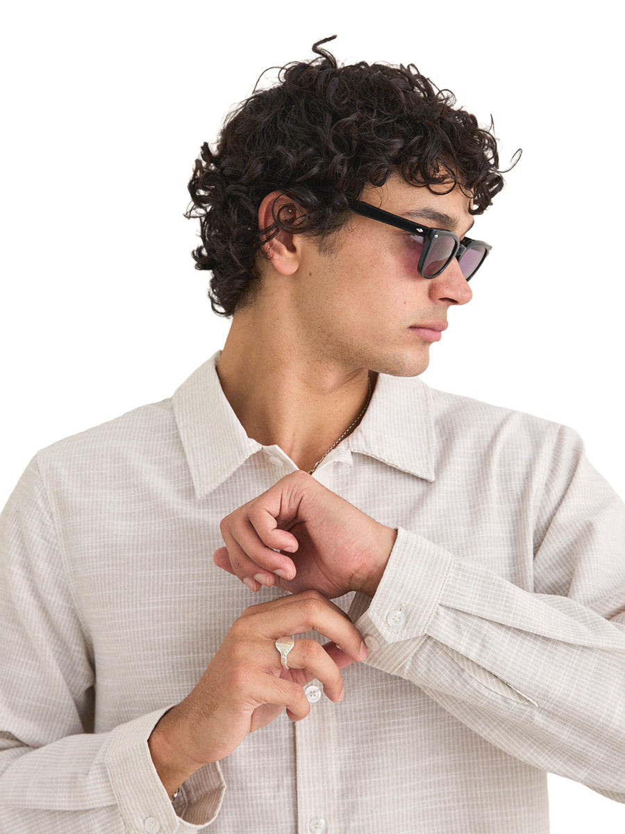 Striped Linen Long Sleeve Shirt - Natural