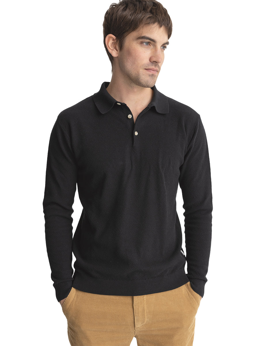 Textured Knit Long Sleeve Polo - Black