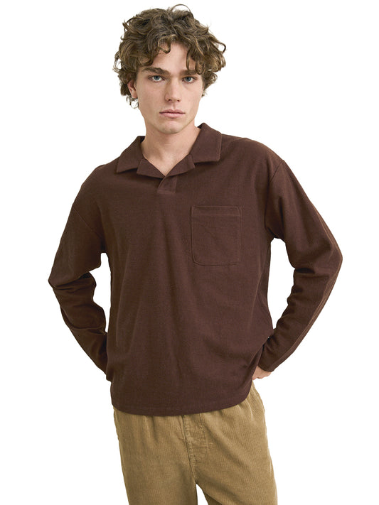 Vintage Terry Long Sleeve Polo - Chocolate