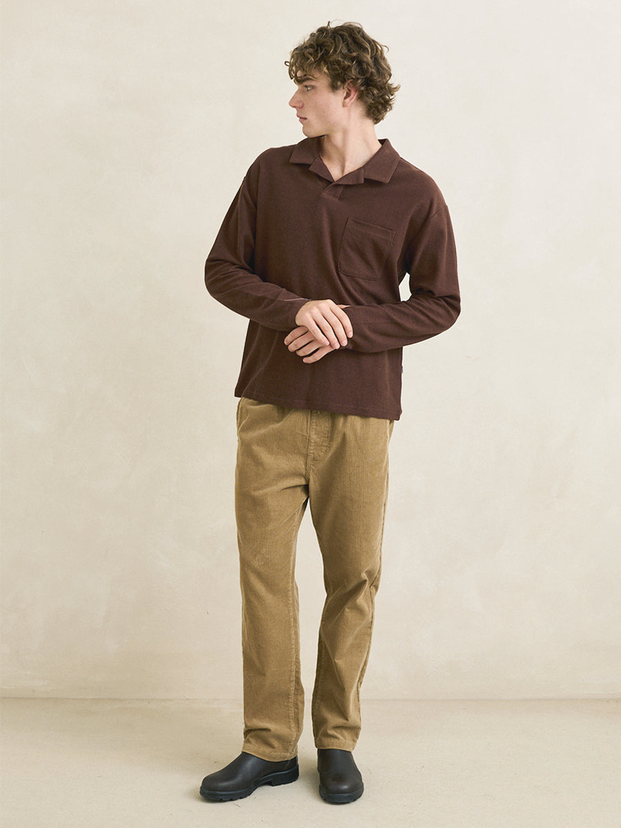 Vintage Terry Long Sleeve Polo - Chocolate