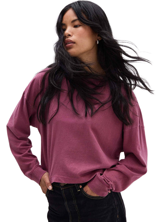 Relaxed Long Sleeve Crop Tee - Burgundy