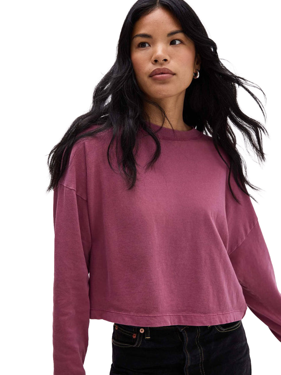 Relaxed Long Sleeve Crop Tee - Burgundy
