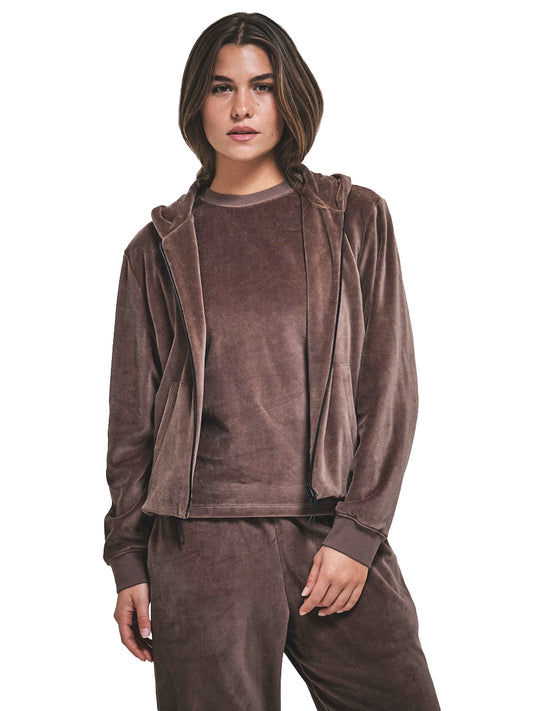 Velour Zip-Up Hoodie - Bark