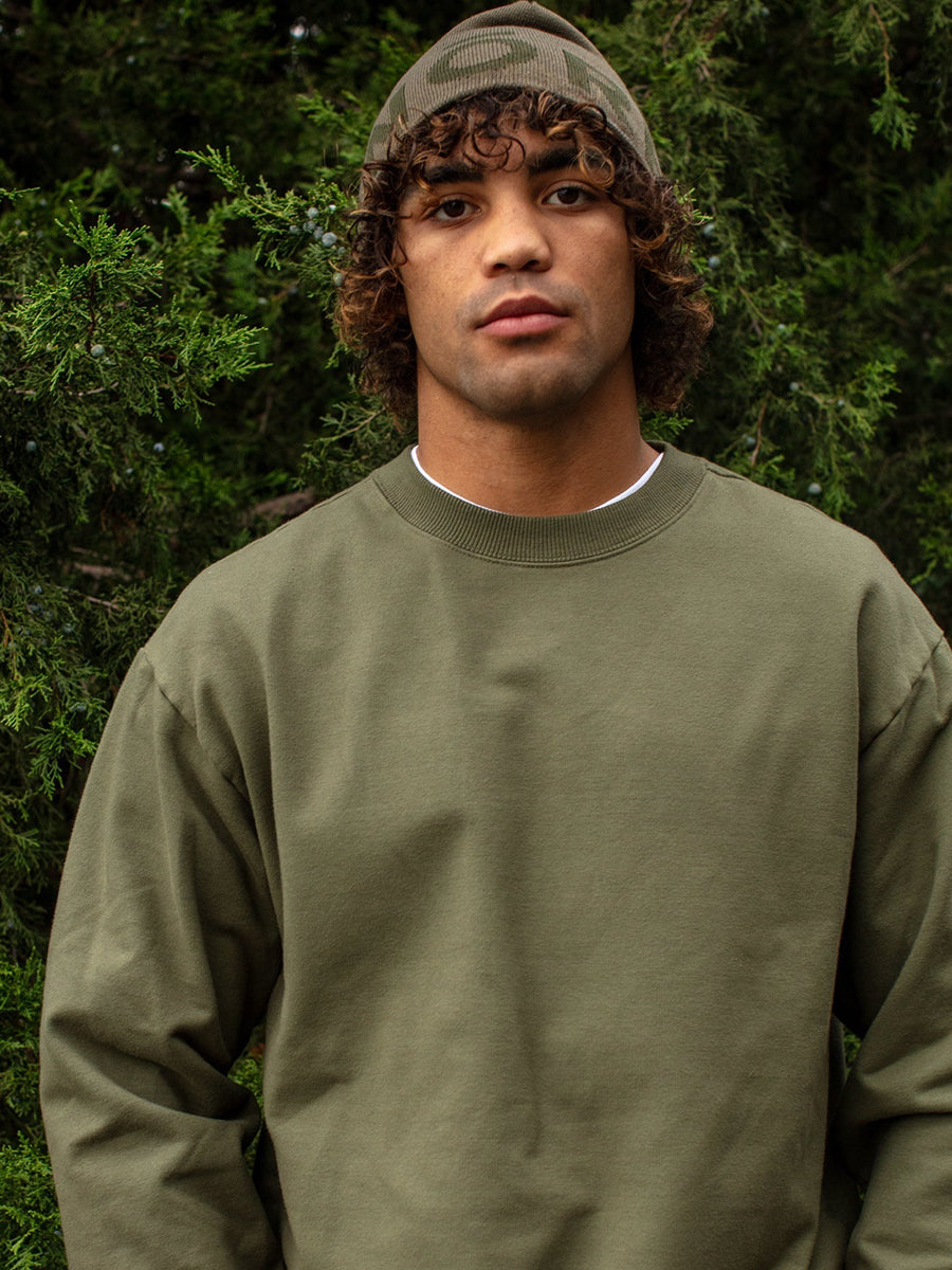 Woven Label Fleece Crewneck Sweatshirt - Olive