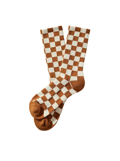 Checkerboard Crew Socks - Rust & Cream
