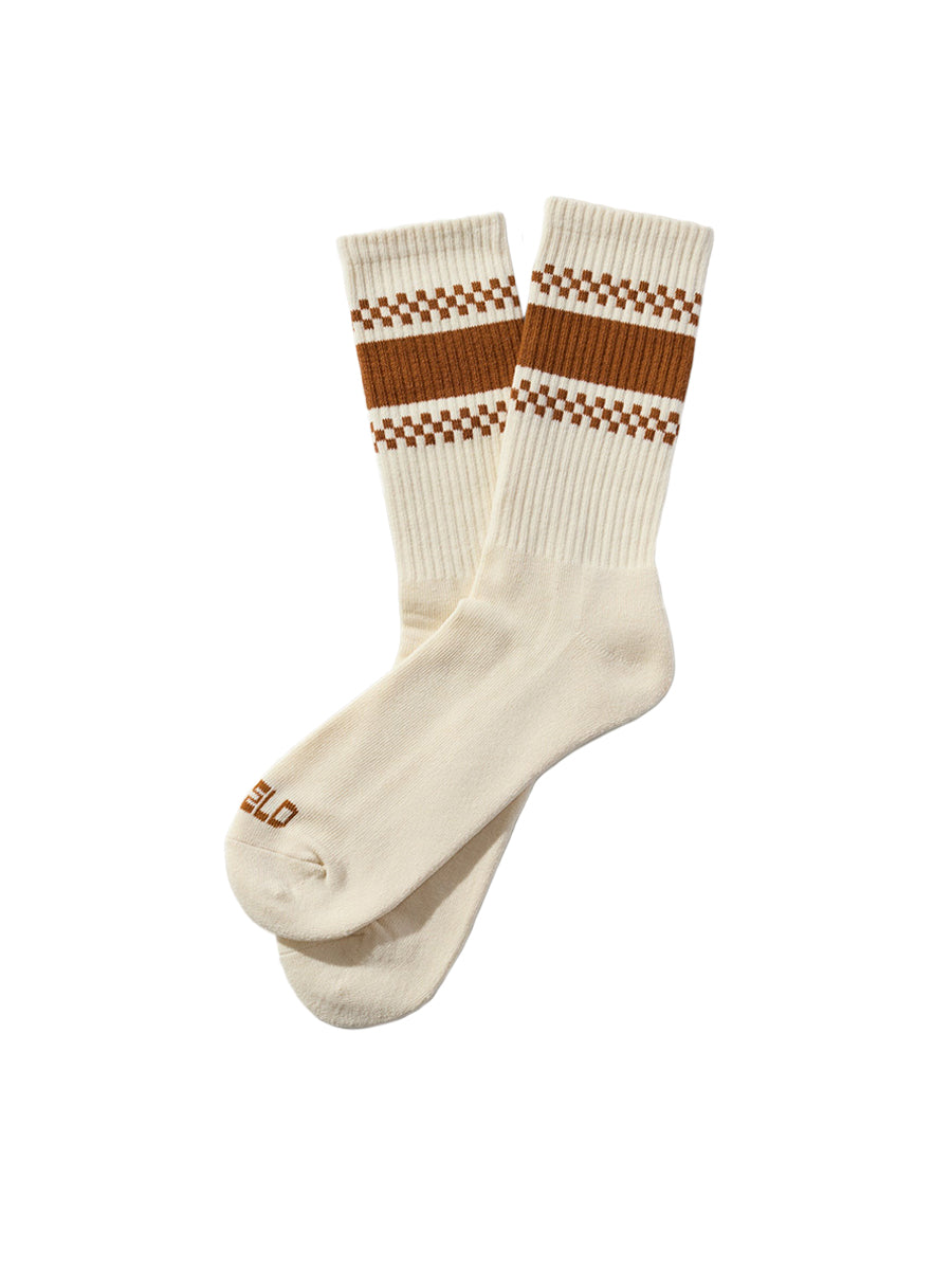 Checkerboard Striped Crew Socks - Rust