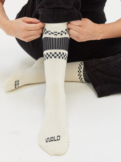 Checkerboard Striped Crew Socks - Black
